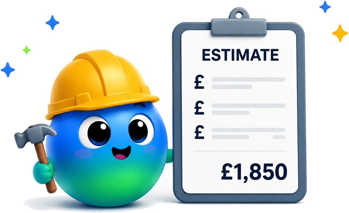 Esti in a hard hat holding a hammer beside an estimate clipboard