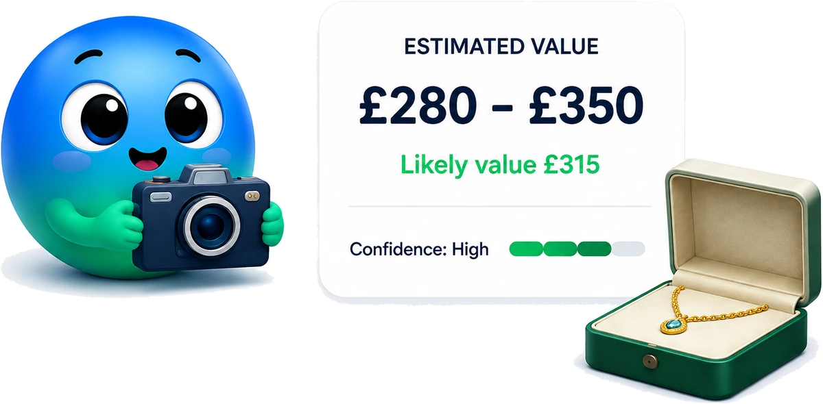 Esti with a camera beside an estimated value result and a jewellery box